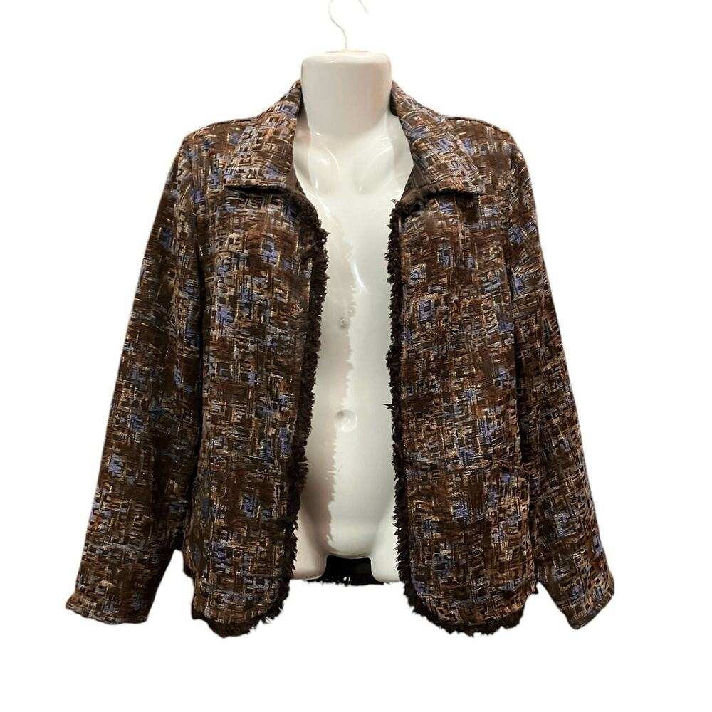 TANJAY Women's Brown Woven Texture Open Front Fringe Jacket/ Blazer | Size 18